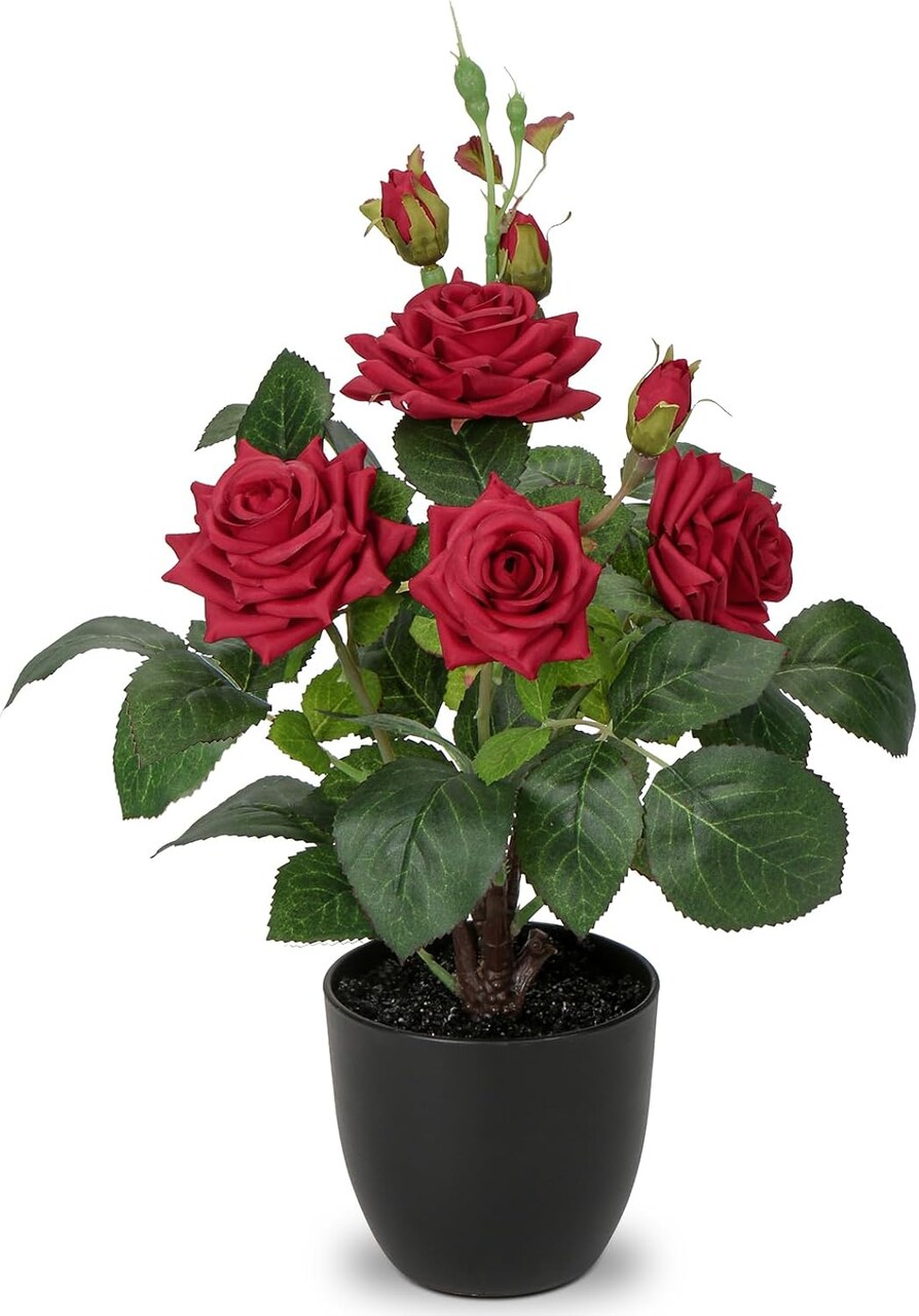 Artificial Plants & Flowers in Vase Red Roses Artificial Flowers Potted Plant Faux Silk Flower with Black Pot Fake Rose Flower Arrangement Home Decor Bathroom Shelf Desk Decoration 15 Inch